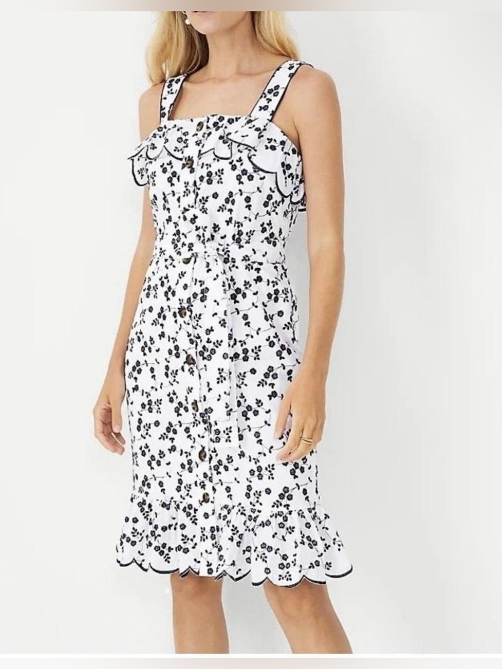 Ann Taylor Black & White Floral Midi Dress with Scallop Trim